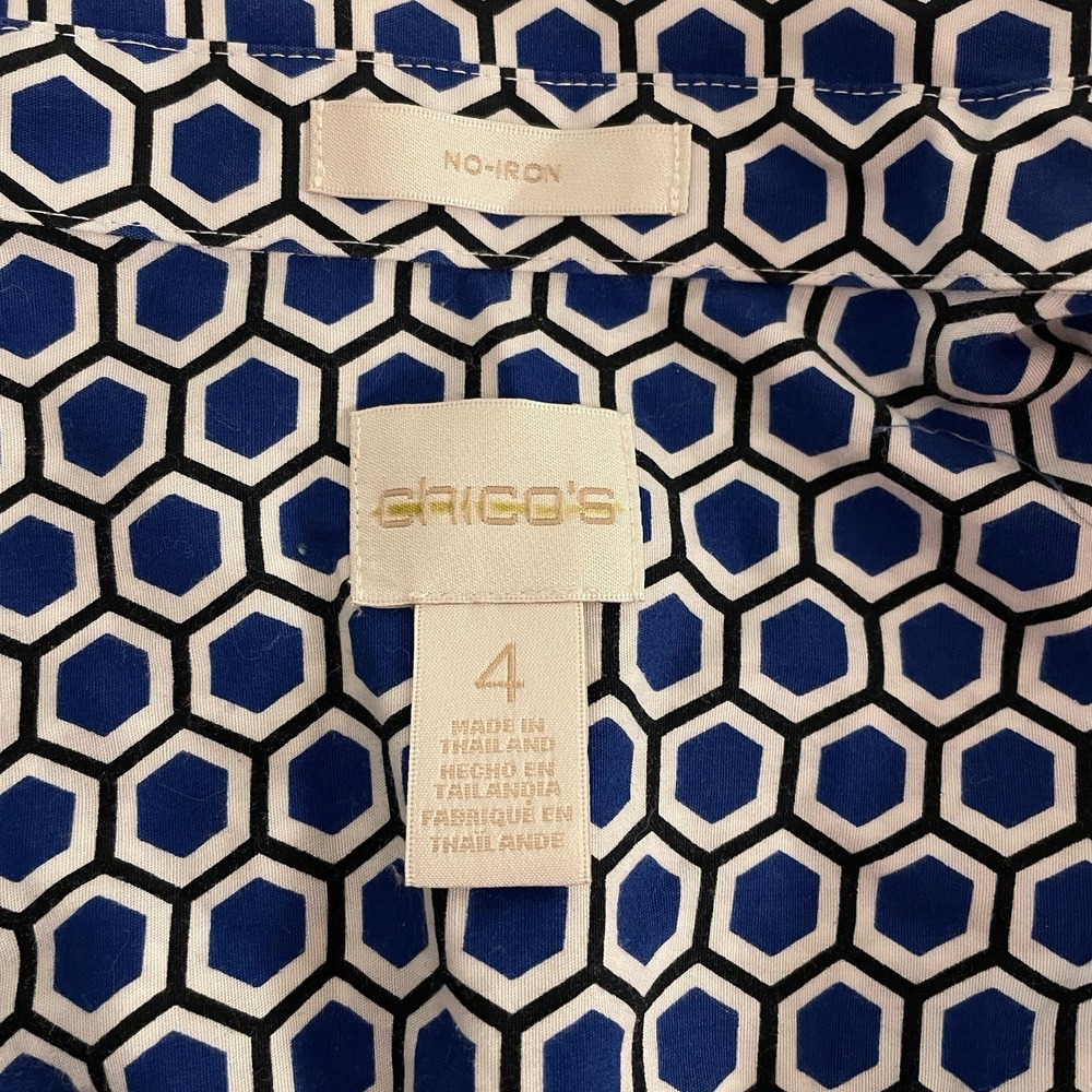 Chico's No-Iron Blouse Geometric Button Up Shirt Blue 4 US XXL - Picture 5 of 7